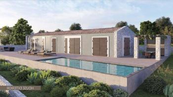 Dvě podobné designové vily ve středomořském stylu s bazénem v srdci Istrie v Oprtalji - možný prodej balíčků 
